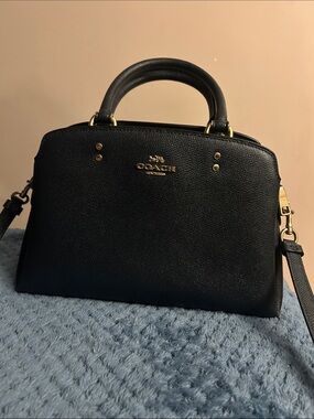 Coach Navy Blue Pebbled Leather Satchel with Double Compartment.